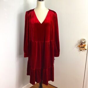 NWT 52 SEVEN WOMAN PLUS 1X WINE VELOUR TIERED DRESS V-NECK BALOON SLEEVE